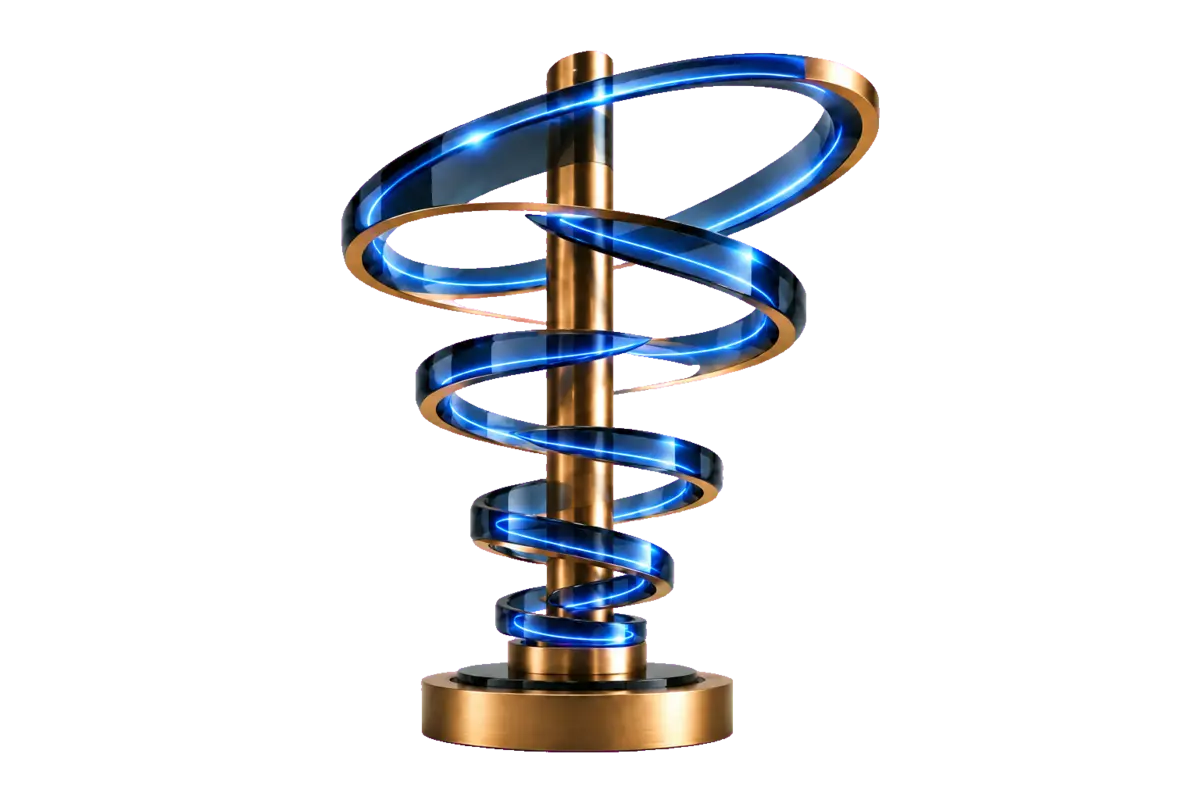 An illuminated bronze and smoked-glass spiral widening upward from a shared foundation