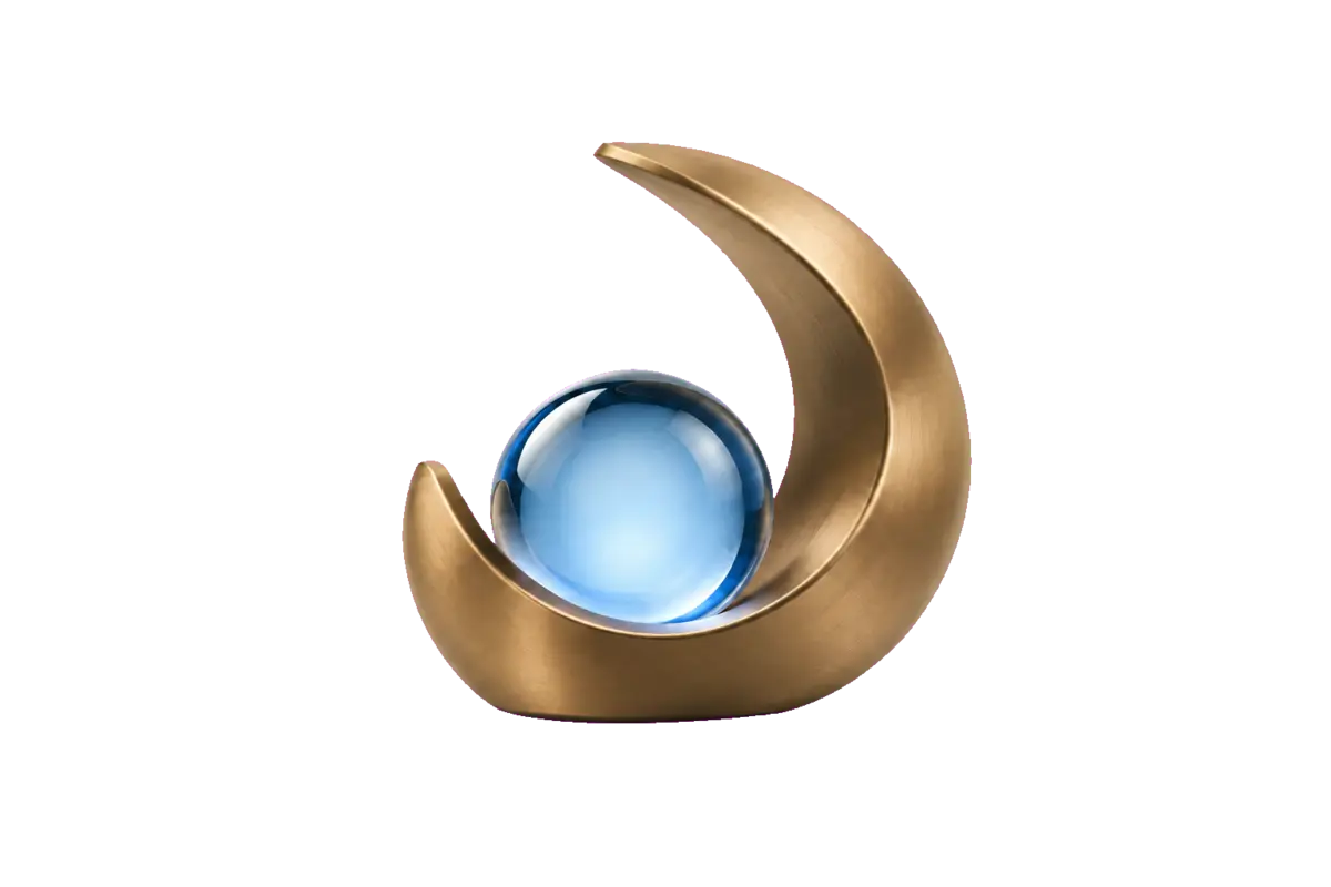A protective bronze form supporting a luminous core